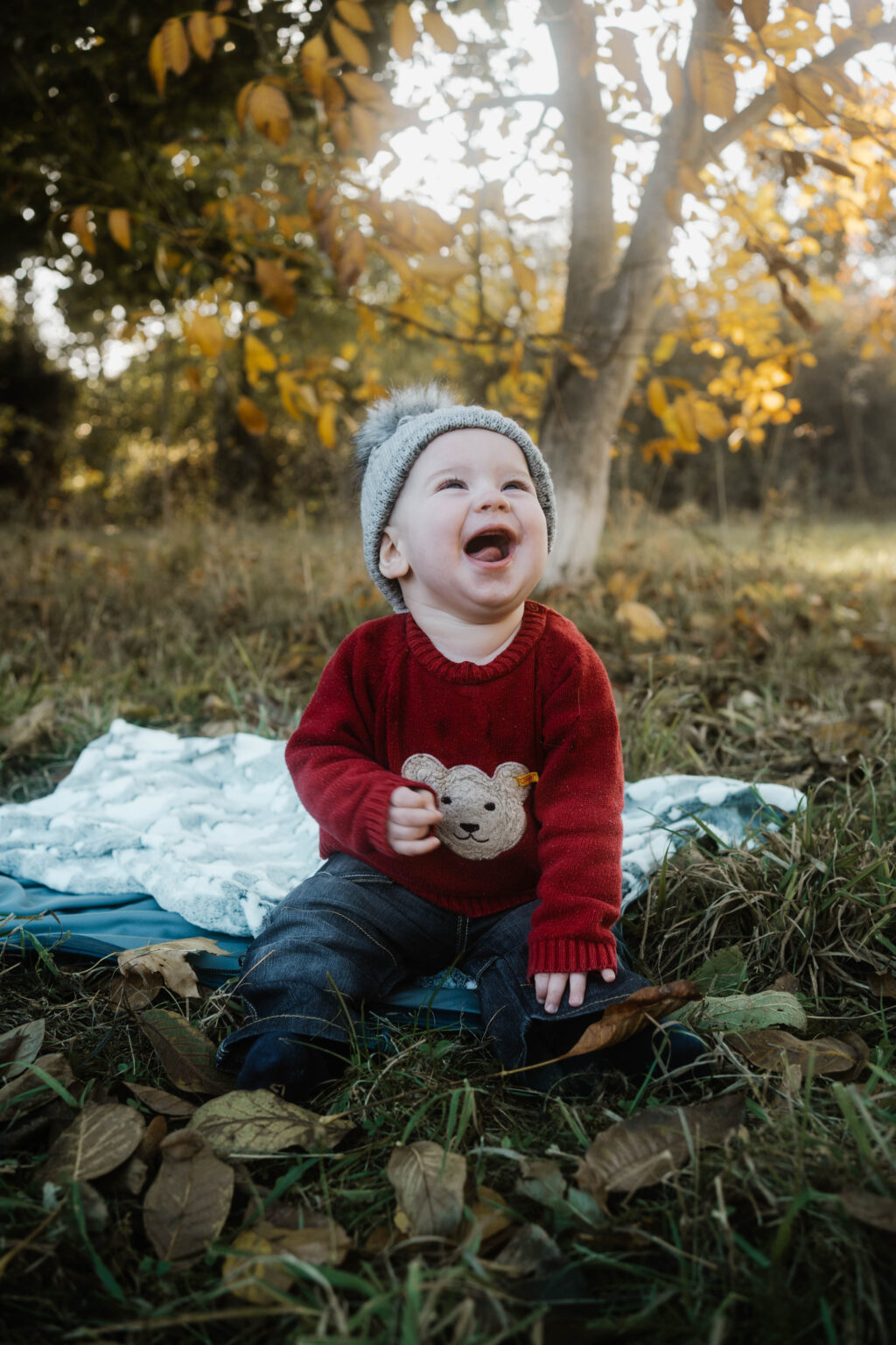 Galerie Kleiner Junge sitzt im Herbst auf dem Boden in der Natur und lacht Familienfotografie
