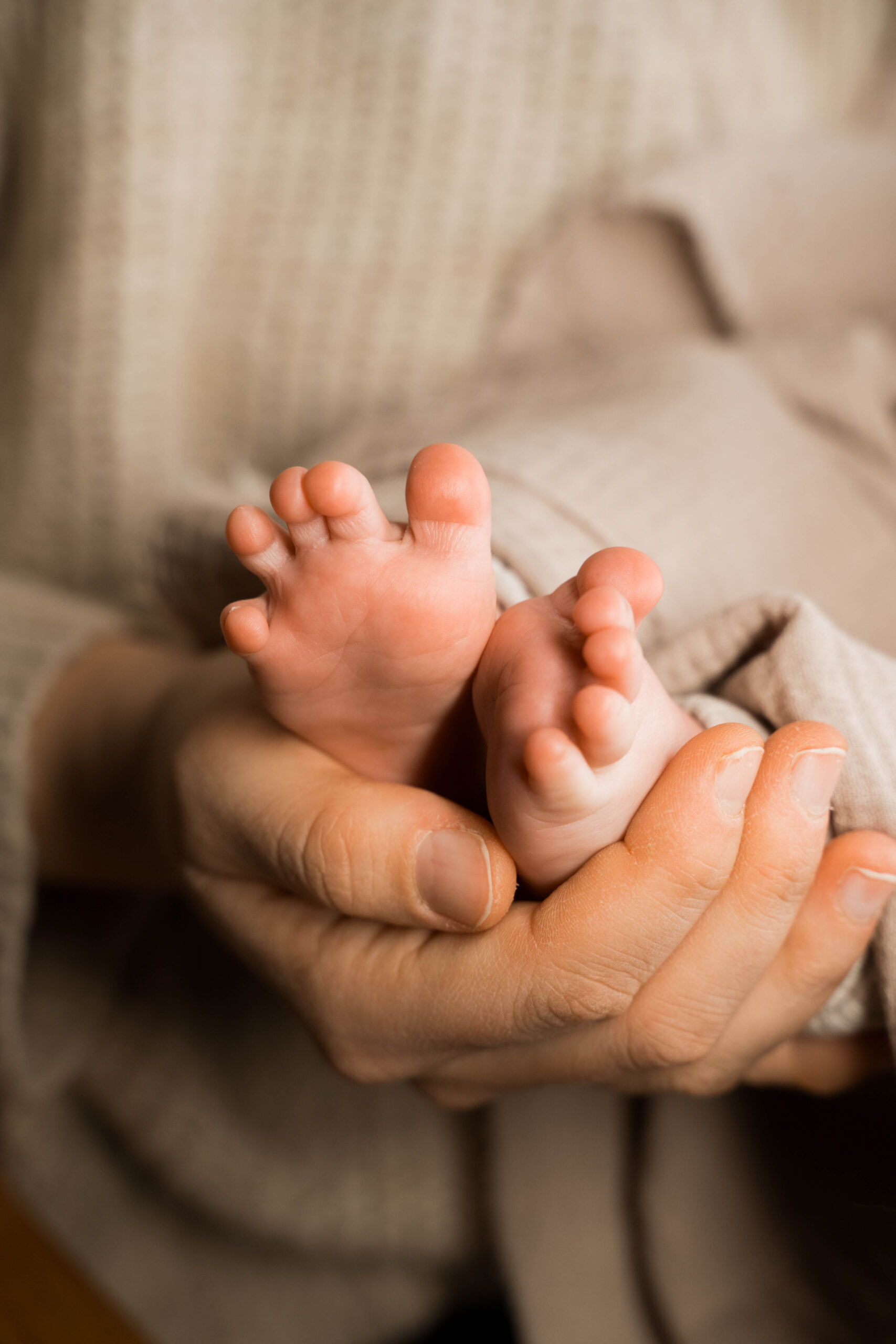 Füße eines Babys in den Händen der Eltern
