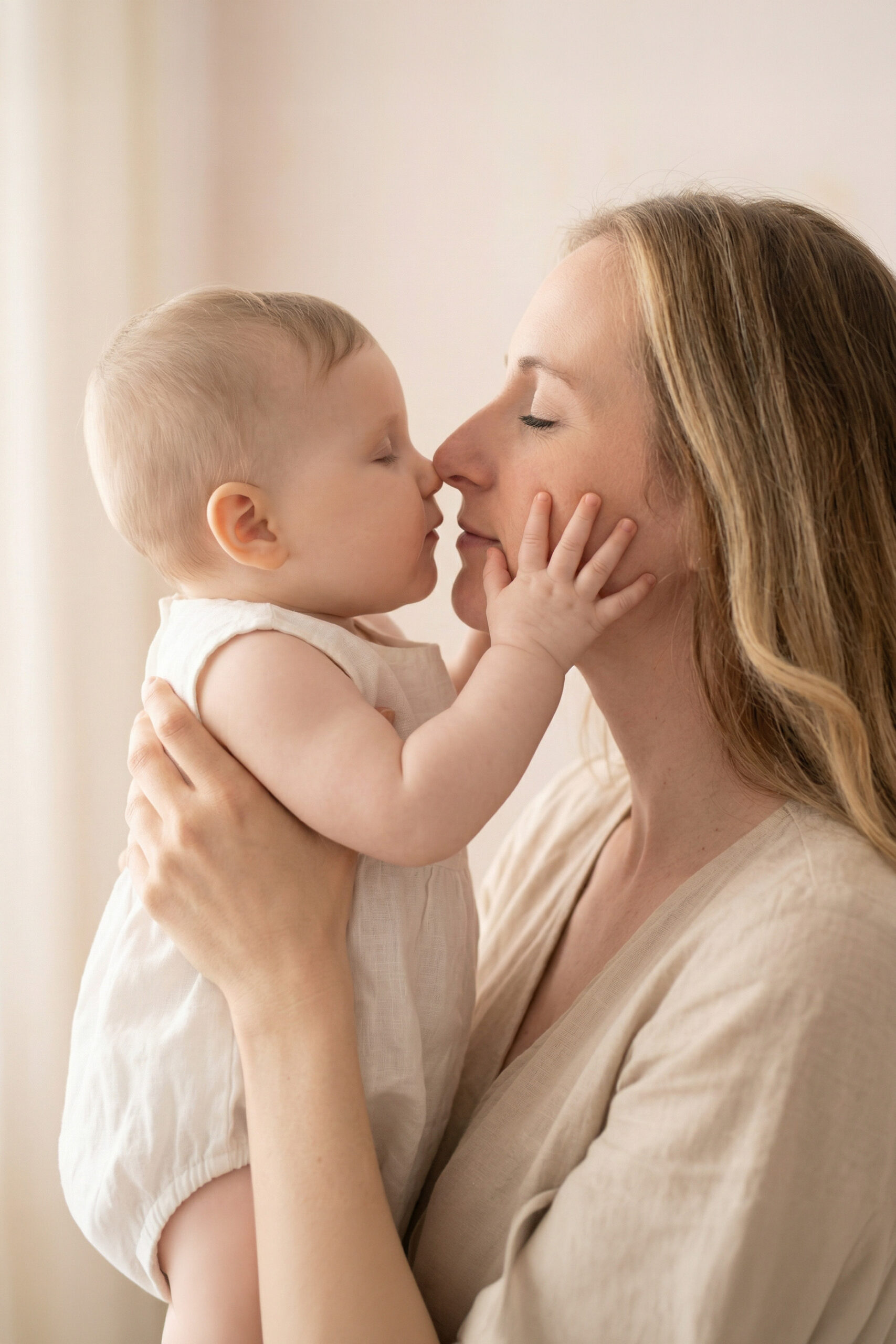 Mutter und ihr Baby halten sich fest und haben ihre Gesichter nah beieinander