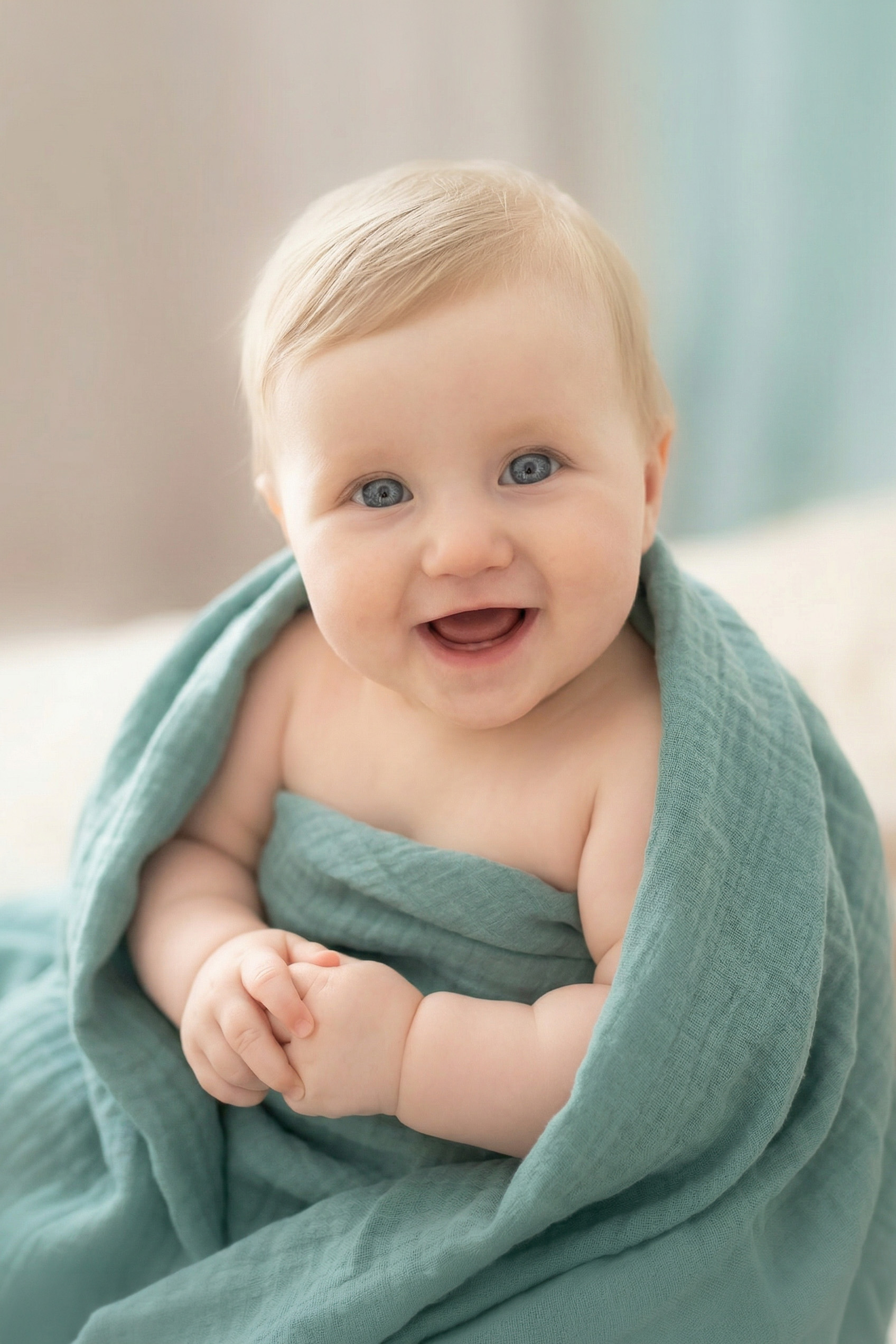 Baby im blauen Tuch schaut lächelnd in die Kamera