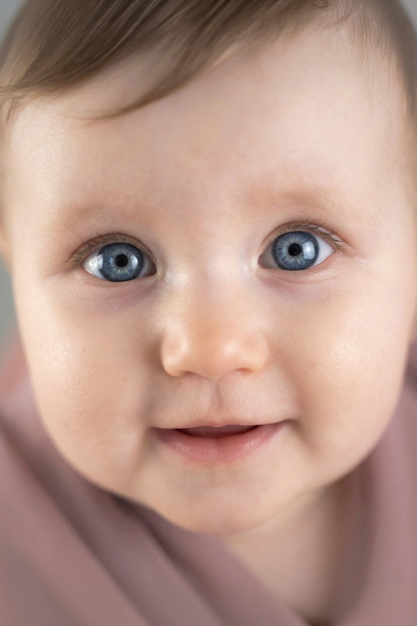 Nahaufnahme vom Baby Gesicht mit großen blauen Augen