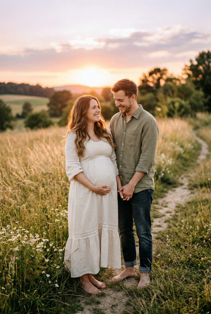 Junges Paar mit Babybauch bei Sonnenuntergang