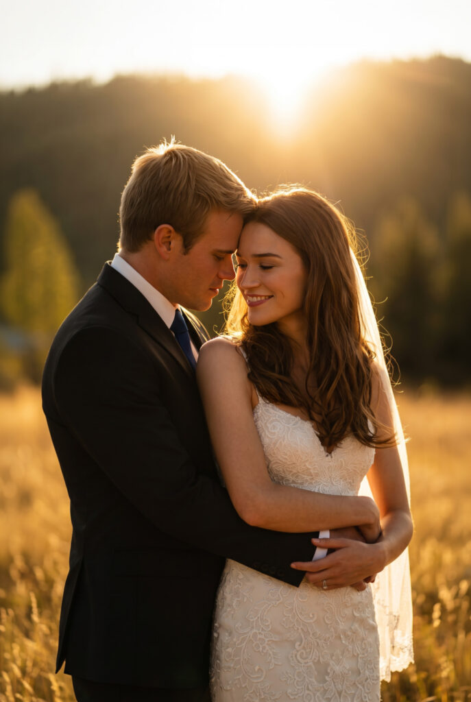 Porträt Hochzeitspaar bei Sonnenuntergang