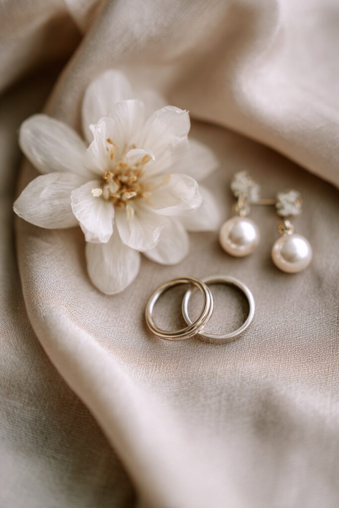 Eheringe Flatlay mit Blumen und Ohrringen