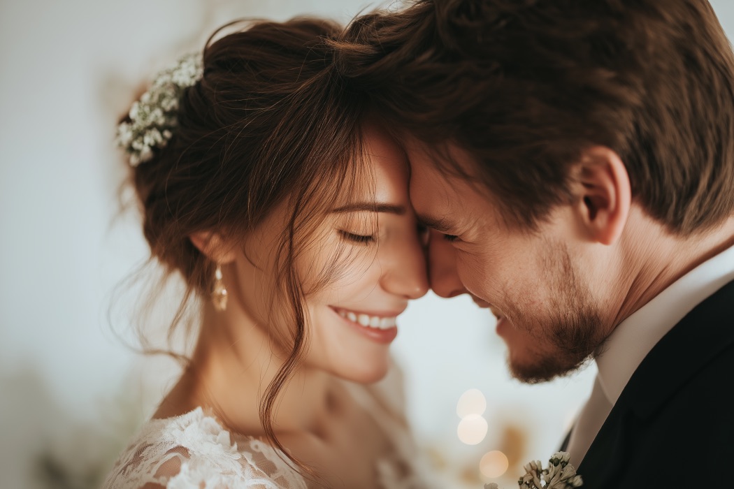 Hochzeitspaar regt Köpfe aneinander