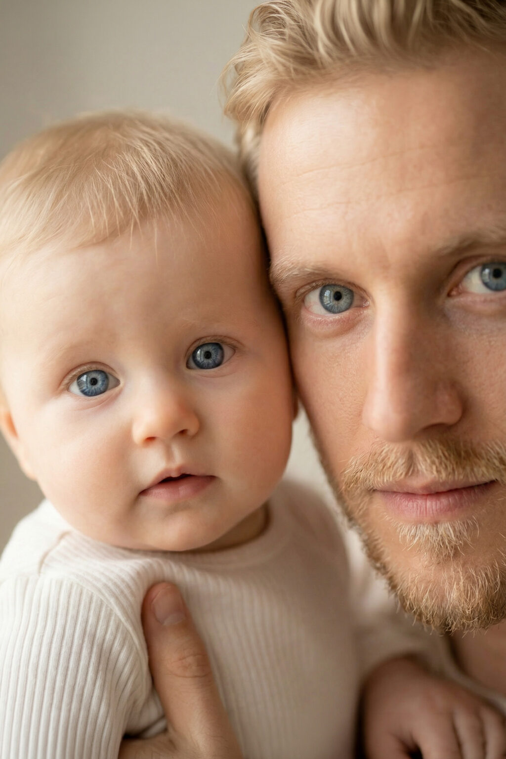 Vater mit Baby beide mit blauen Augen
