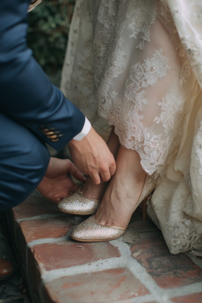 Bräutigam hilft der Braut beim Schuheanziehen