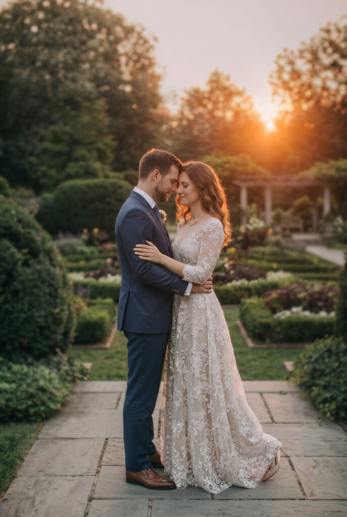 Hochzeitspaar in elegantem Garten bei Sonnenuntergang